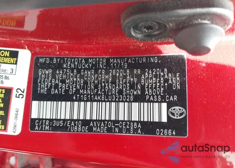 2020 Toyota Camry Se z USA, uszkodzony, nr VIN 4T1G11AK6LU323026